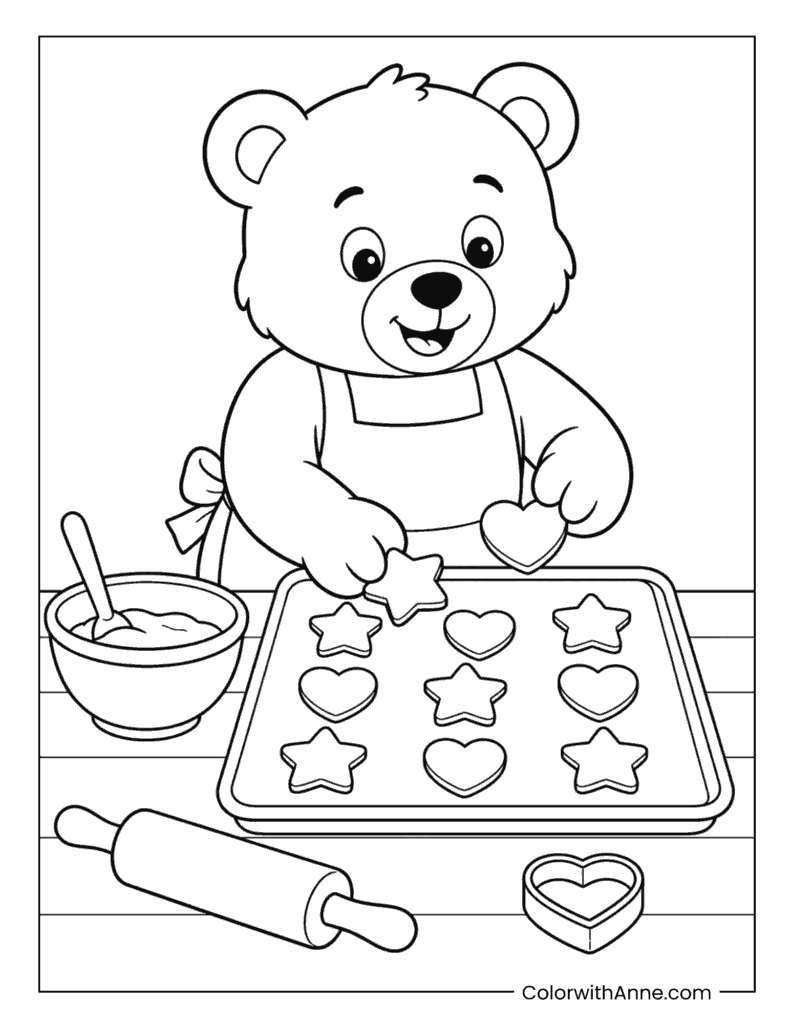 Bear Baking Heart and Star Cookies Coloring Page