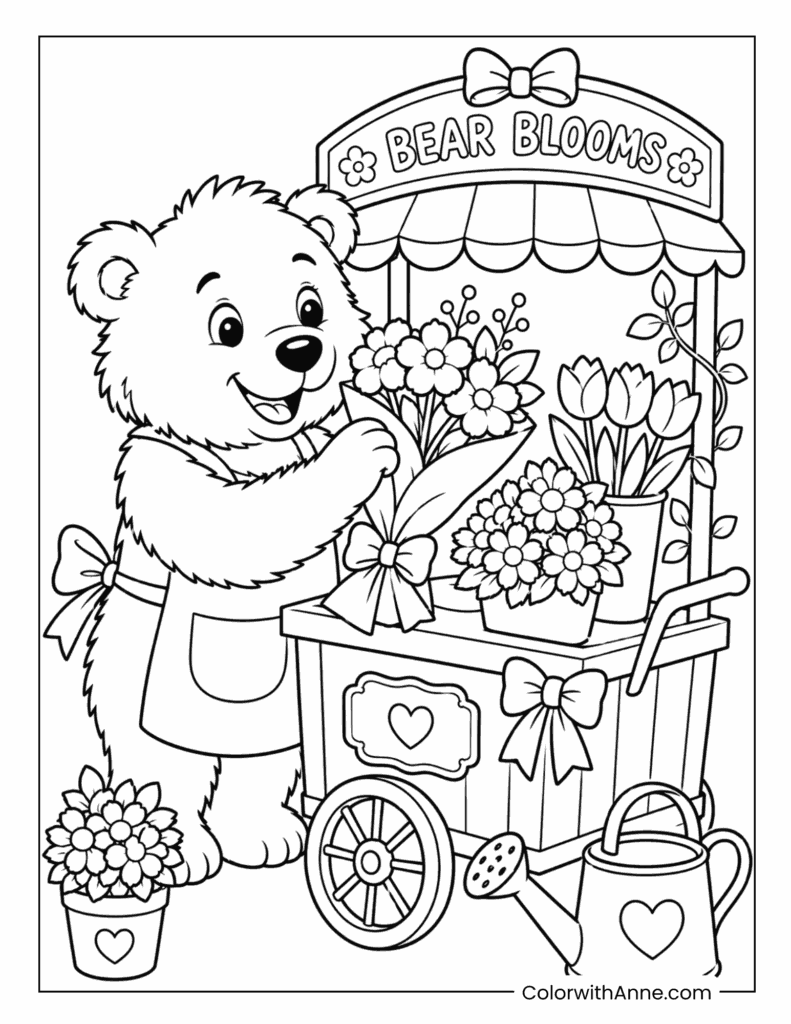 Bear Blooms Flower Cart Coloring Page