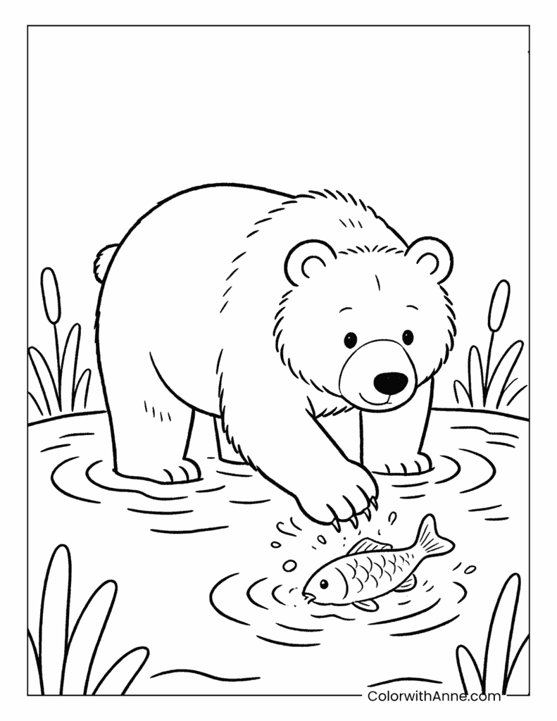 Bear Catching a Fish in the Water Coloring Page