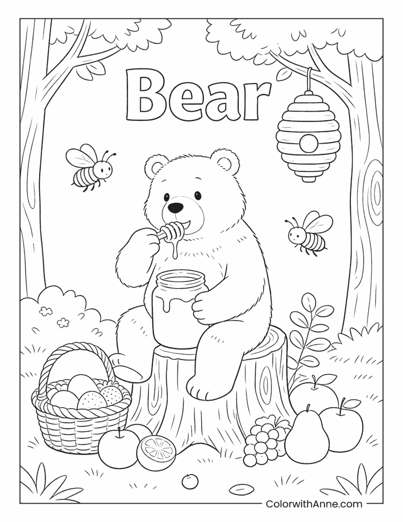 Bear Enjoying Honey on a Tree Stump Coloring Page