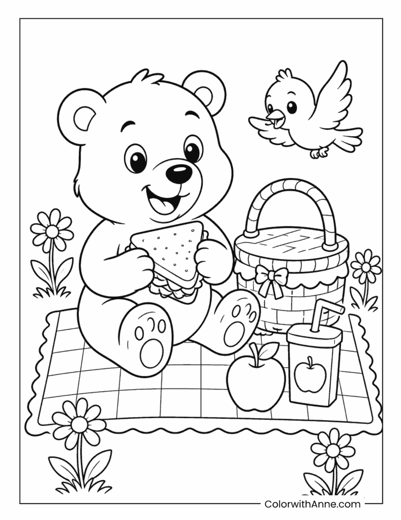 Bear Enjoying a Picnic with a Sandwich Coloring Page