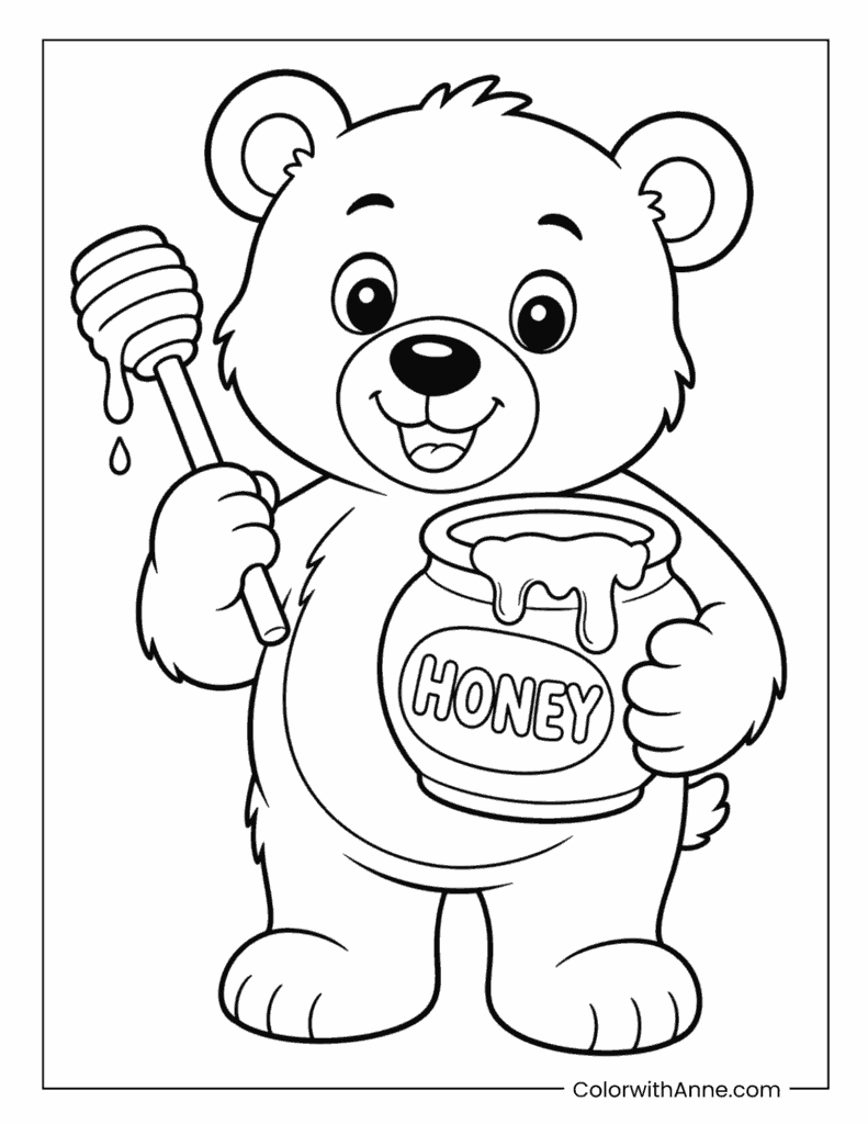 Bear Holding a Honey Jar and Dipper Coloring Page