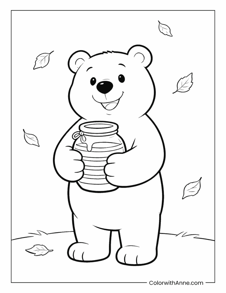 Bear Hugging a Honey Pot with Autumn Leaves Coloring Page