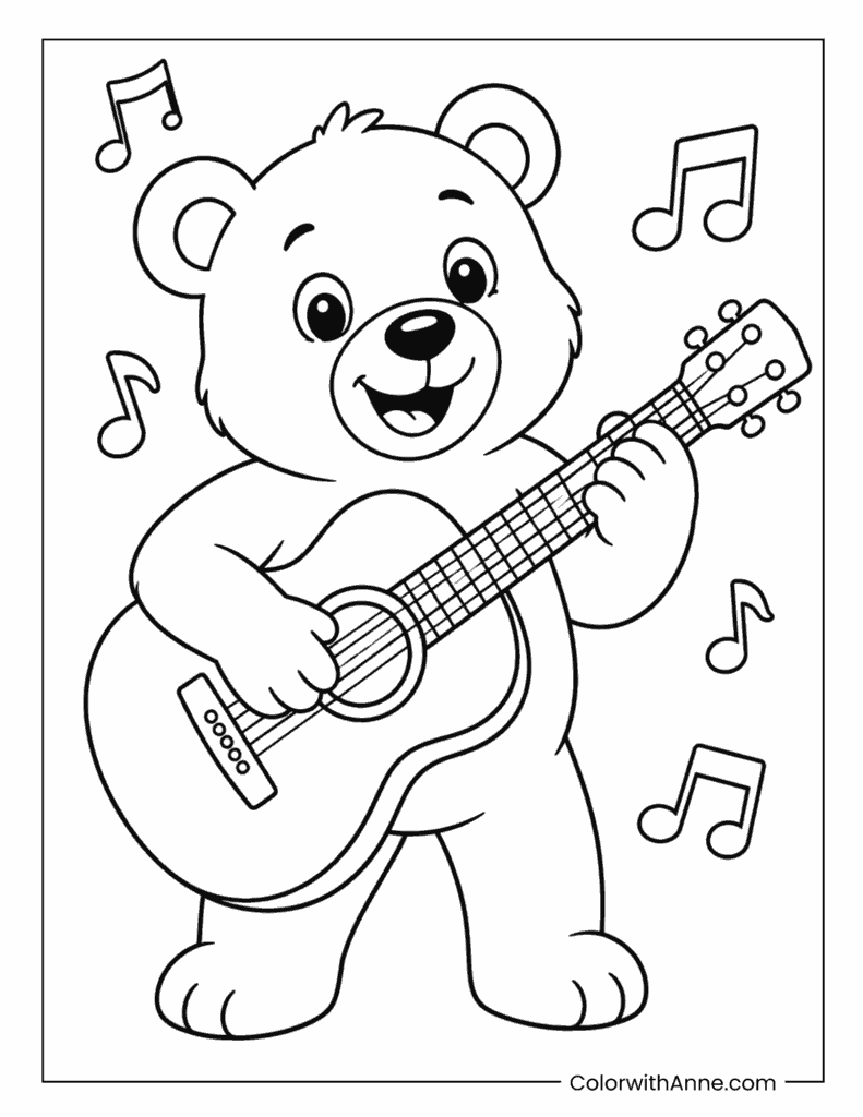 Bear Playing the Guitar Coloring Page
