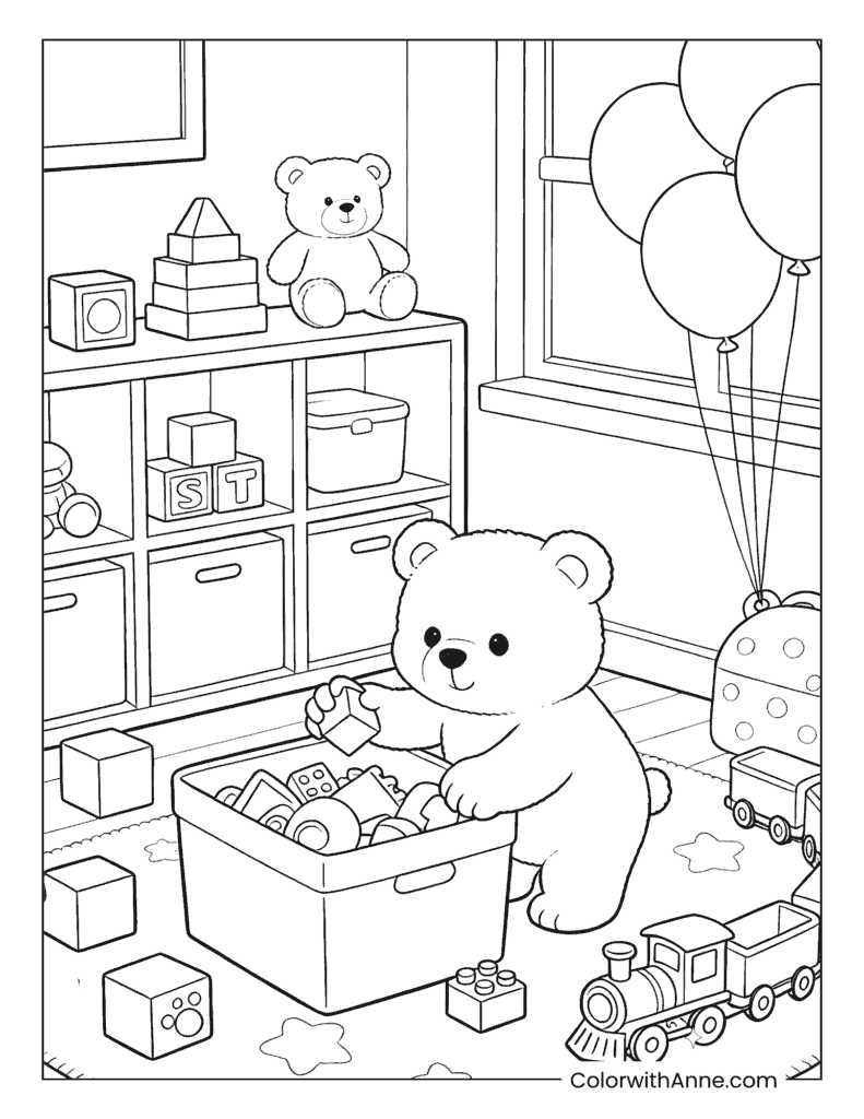 Bear Playing with Blocks in a Playroom Coloring Page