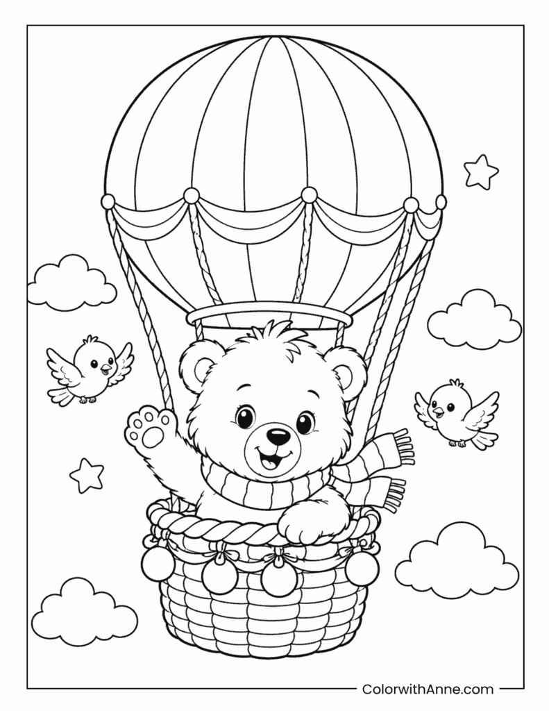 Bear Riding in a Hot Air Balloon Coloring Page