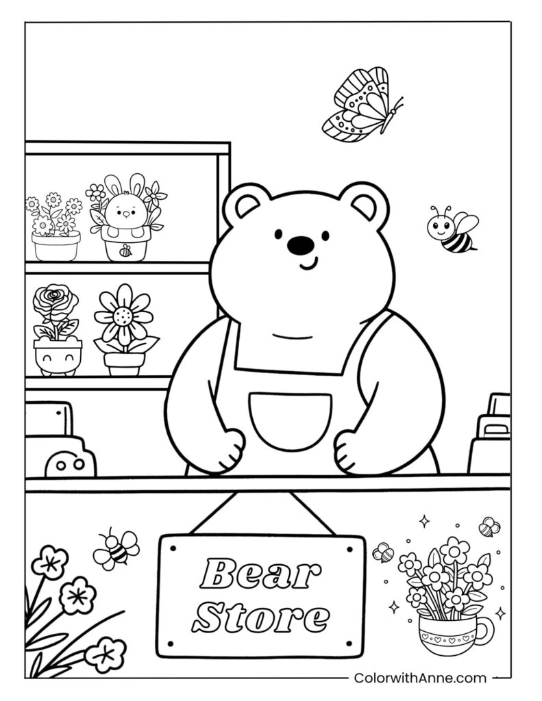 Bear Running a Flower Shop Coloring Page