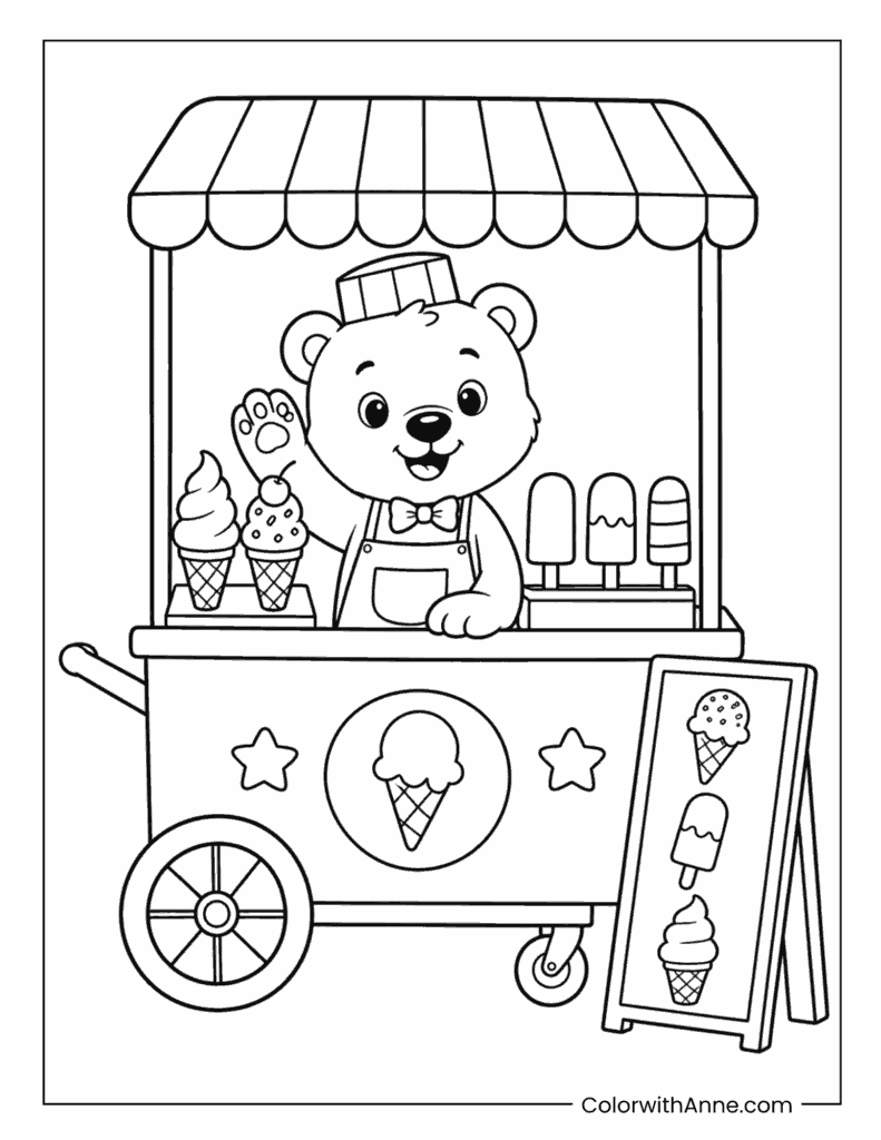 Bear Selling Ice Cream from a Cart Coloring Page