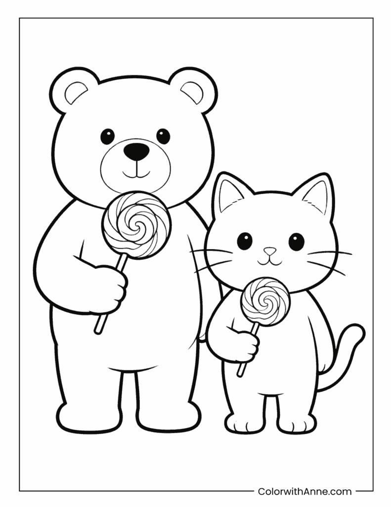 Bear and Cat with Lollipops Coloring Page