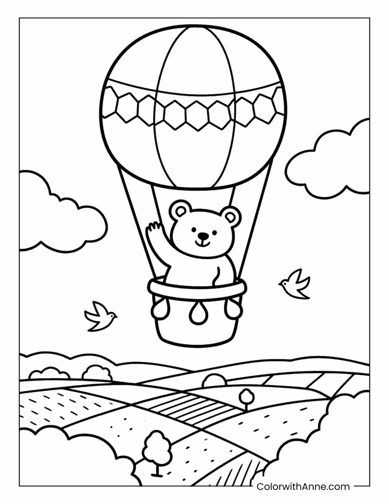 Bear in a Hot Air Balloon Coloring Page