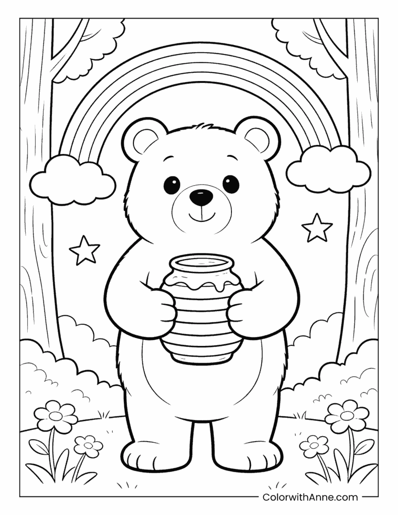 Bear with a Honey Jar Under a Rainbow Coloring Page