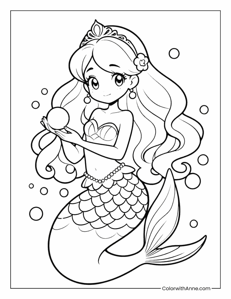 Beautiful Mermaid Holding a Pearl Coloring Page