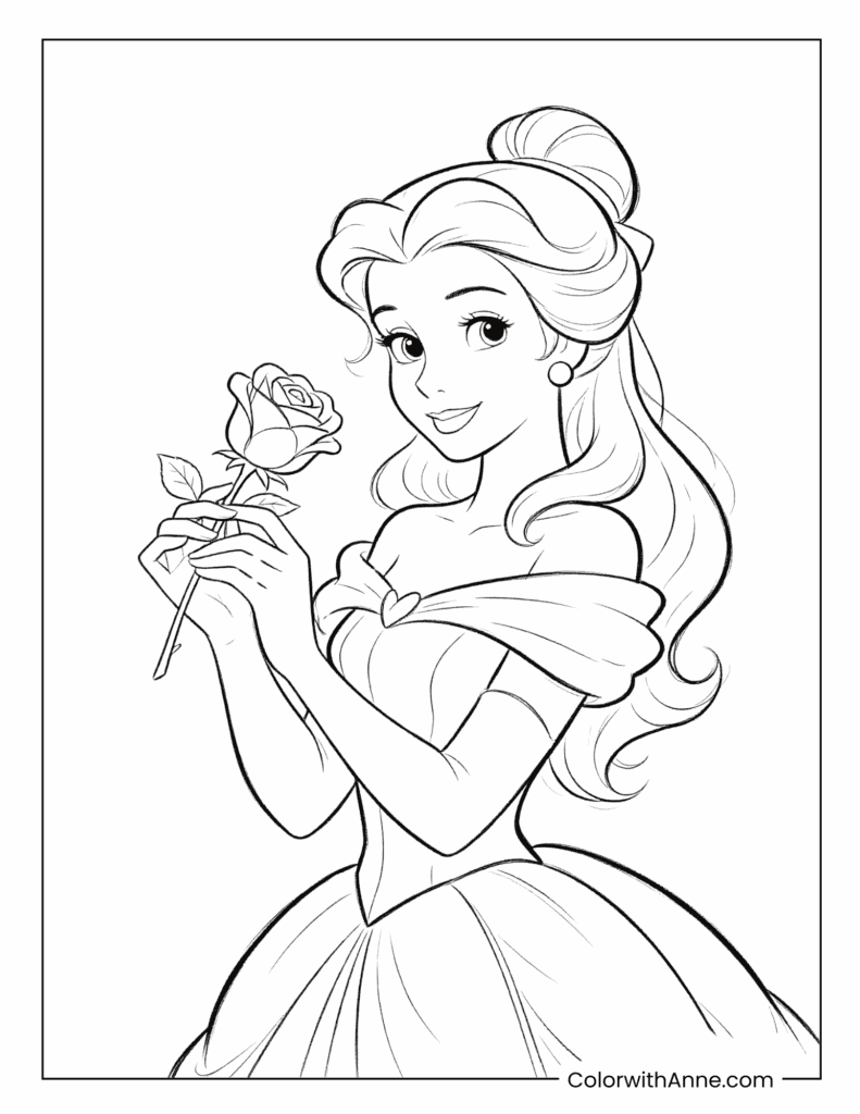 Belle Admiring a Rose Coloring Page for Kids