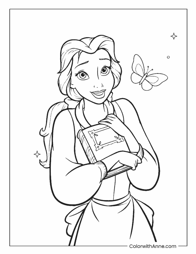 Belle Holding a Book with a Butterfly Coloring Page