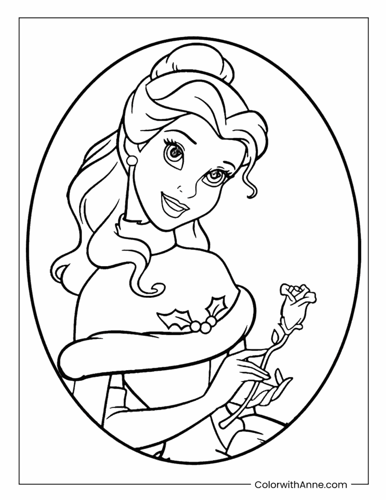 Belle Holding a Rose Portrait Coloring Page