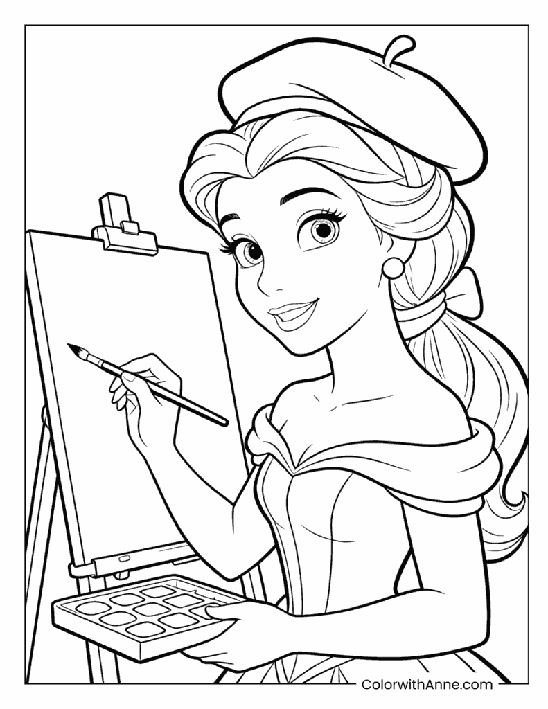 Belle Painting at an Easel Coloring Page