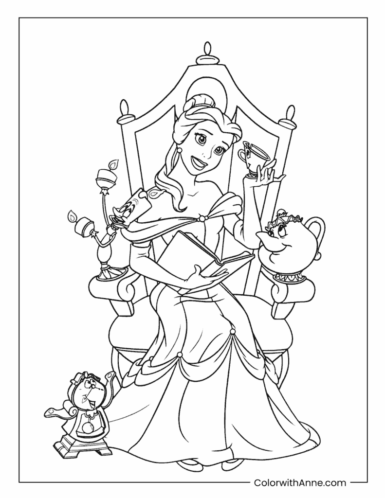 Belle Reading with Enchanted Castle Friends Coloring Page
