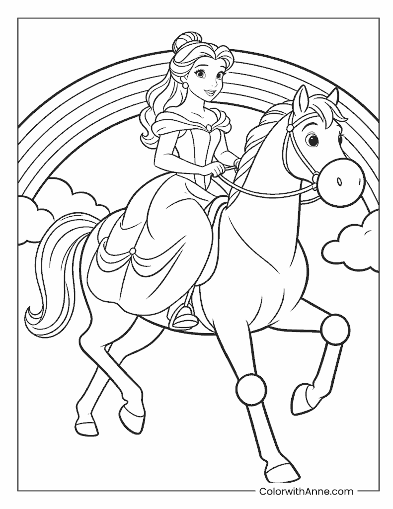 Belle Riding a Horse Under a Rainbow Coloring Page