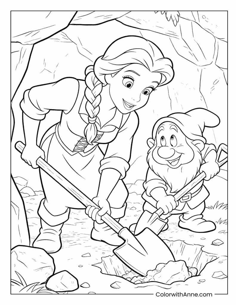 Belle and a Dwarf Digging Coloring Page