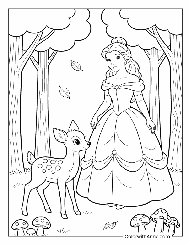 Belle and a Spotted Fawn in the Forest Coloring Page