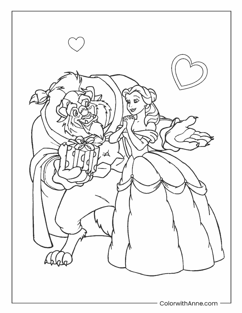 Belle and the Beast Sharing a Gift Coloring Page