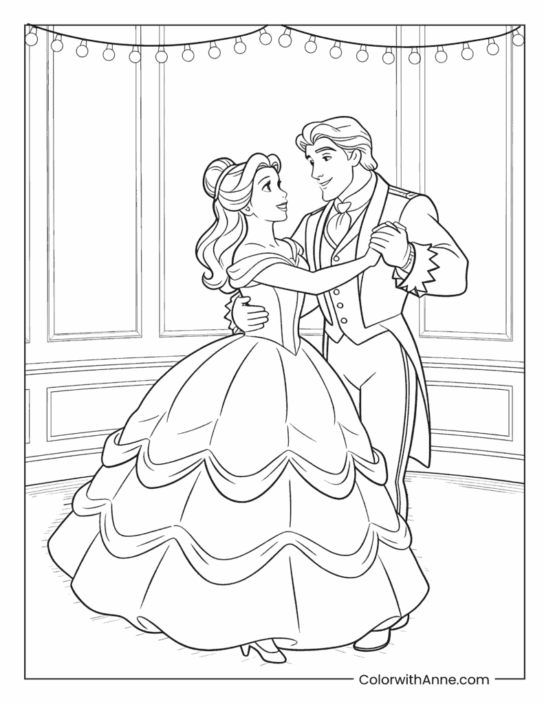 Belle and the Prince Dancing in a Ballroom Coloring Page