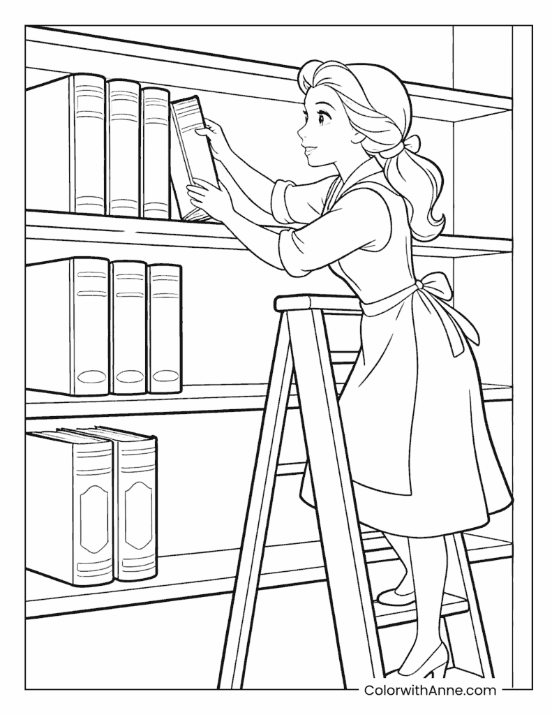 Belle on a Ladder with Books Coloring Page