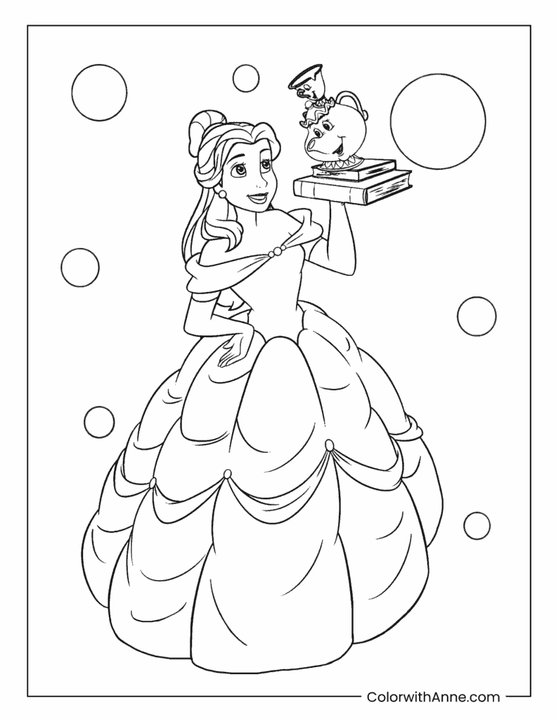 Belle with Books and Friends Coloring Page