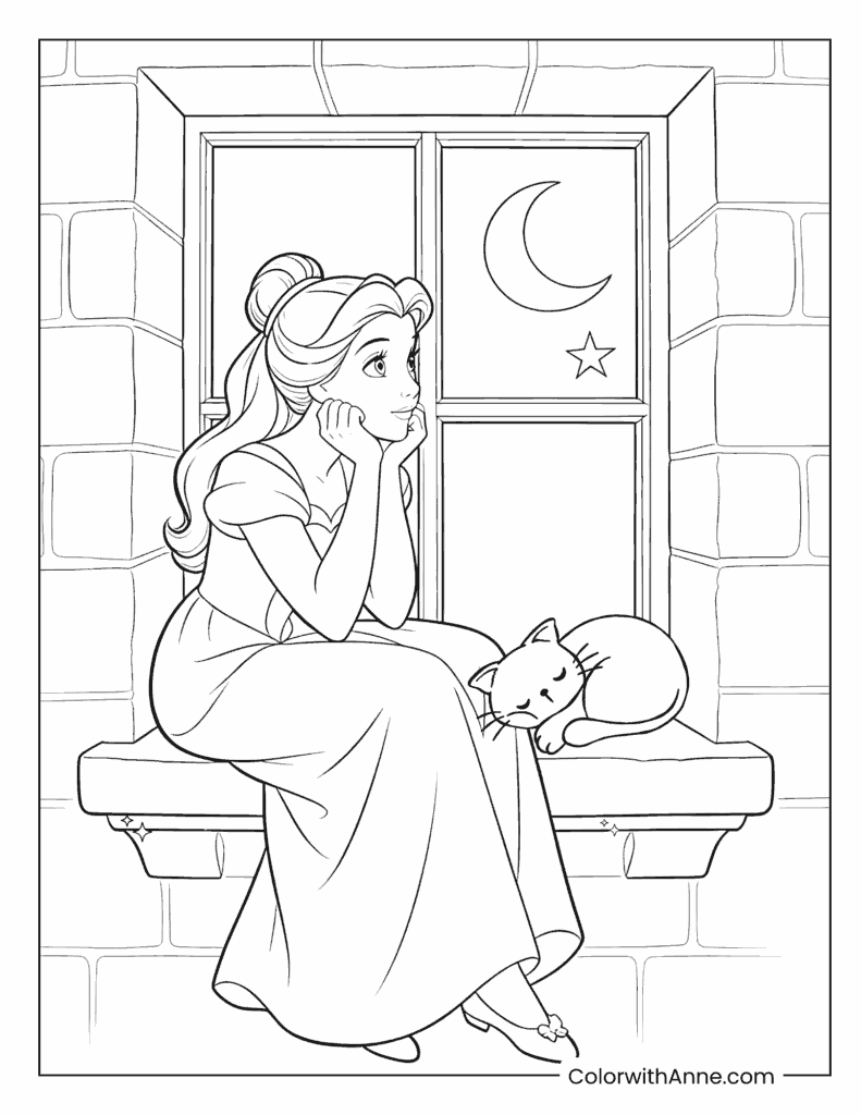 Belle with a Sleeping Cat by the Window Coloring Page