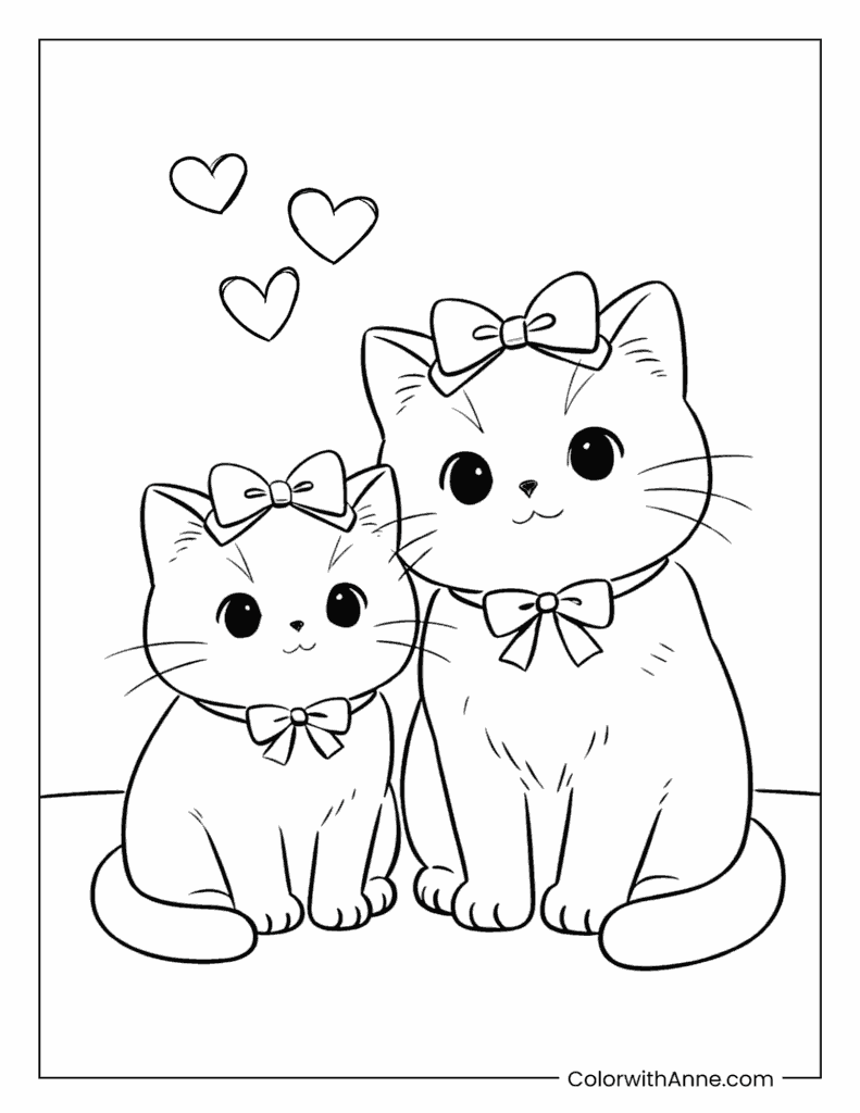 Best Cat Mom and Kitten with Bows Coloring Page