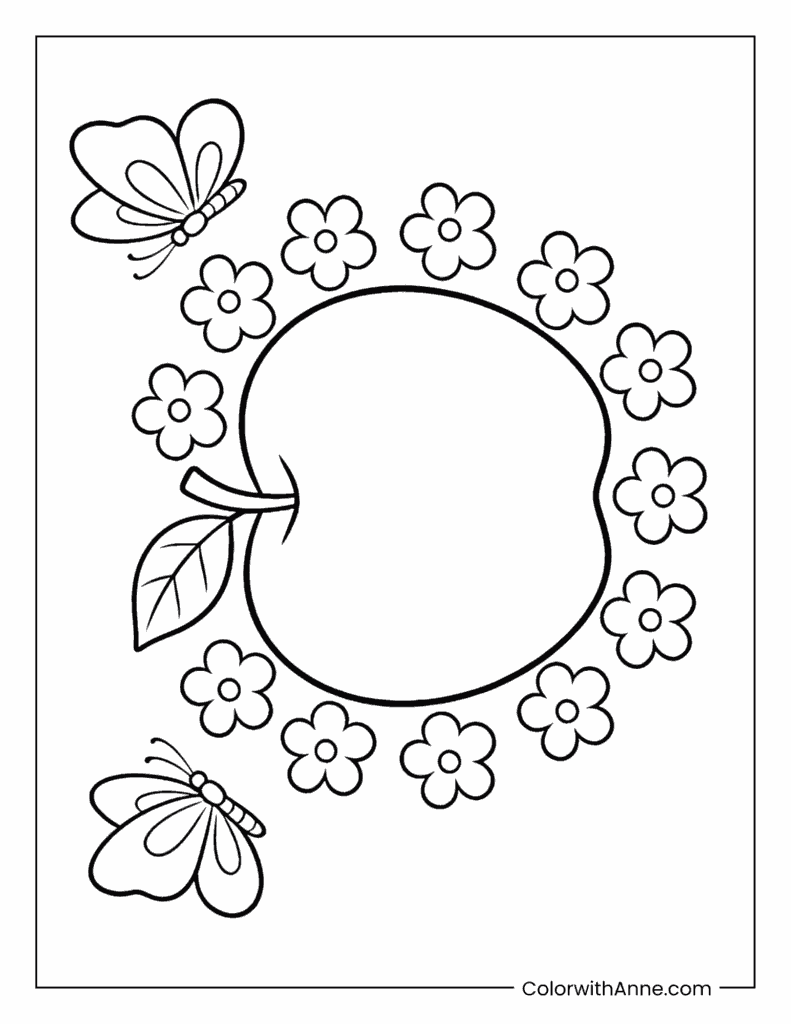 Big Apple with Flowers and Butterflies Coloring Page