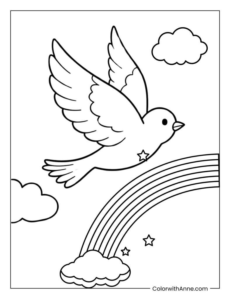 Bird Flying Through a Rainbow Sky Coloring Page