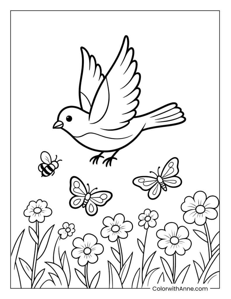 Bird in a Flower Meadow Coloring Page