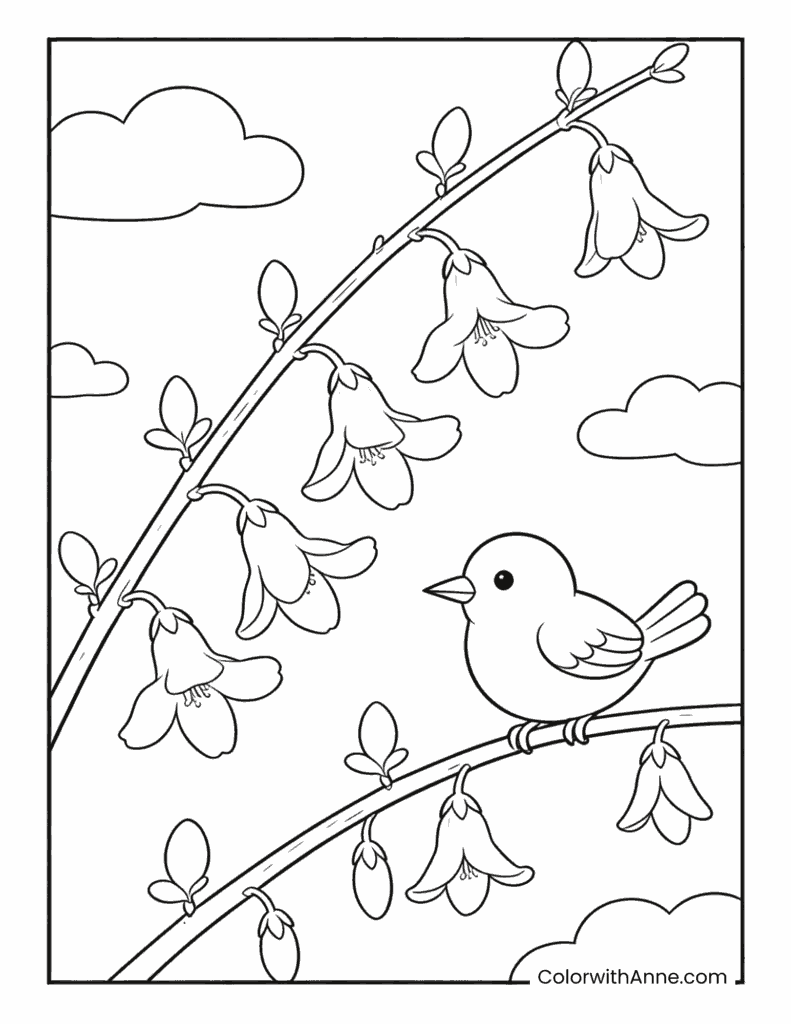 Bird on a Flowering Branch March Coloring Page
