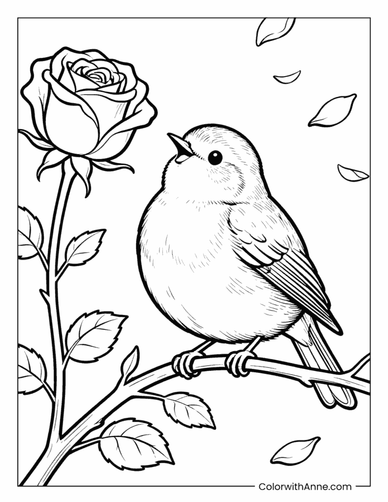 Bird on a Rose Branch Coloring Page