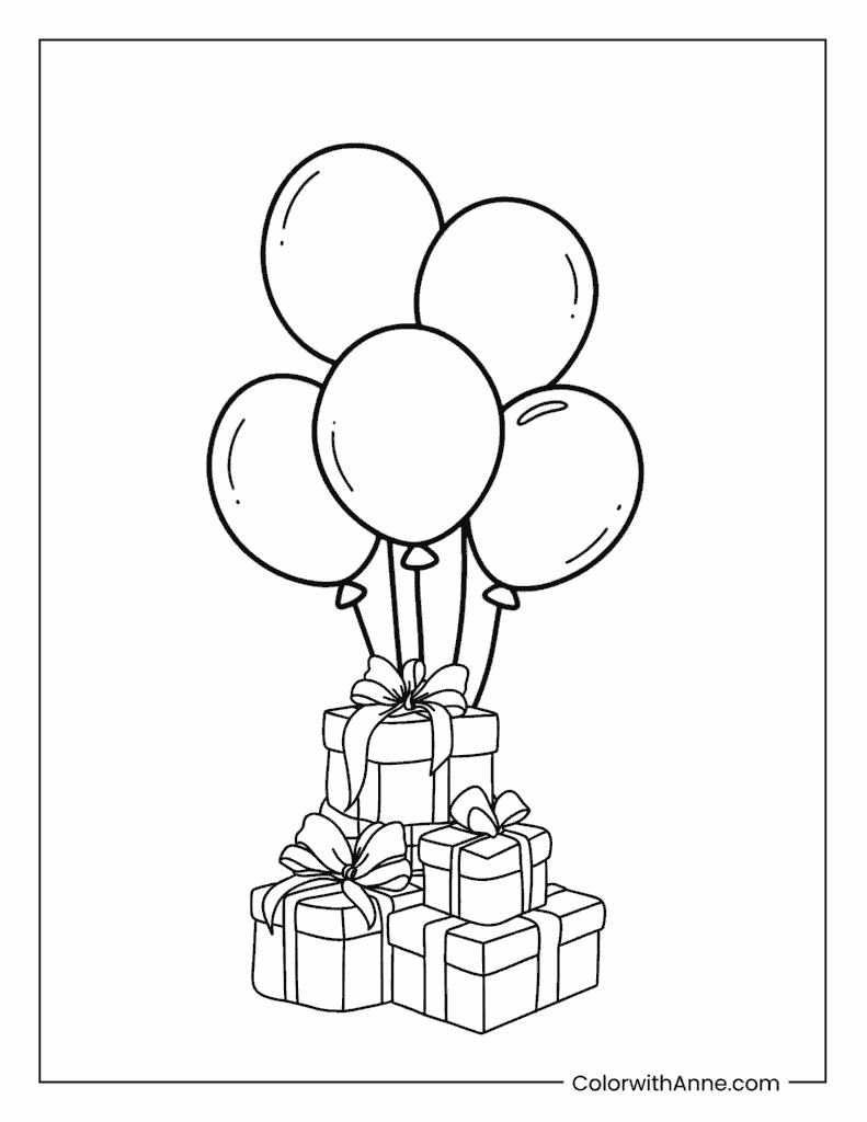 Birthday Balloons and Gifts Coloring Page