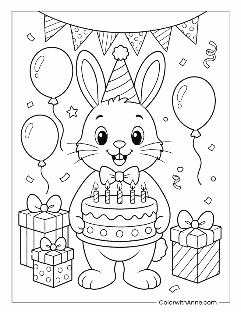 Birthday Bunny with Cake Coloring Page