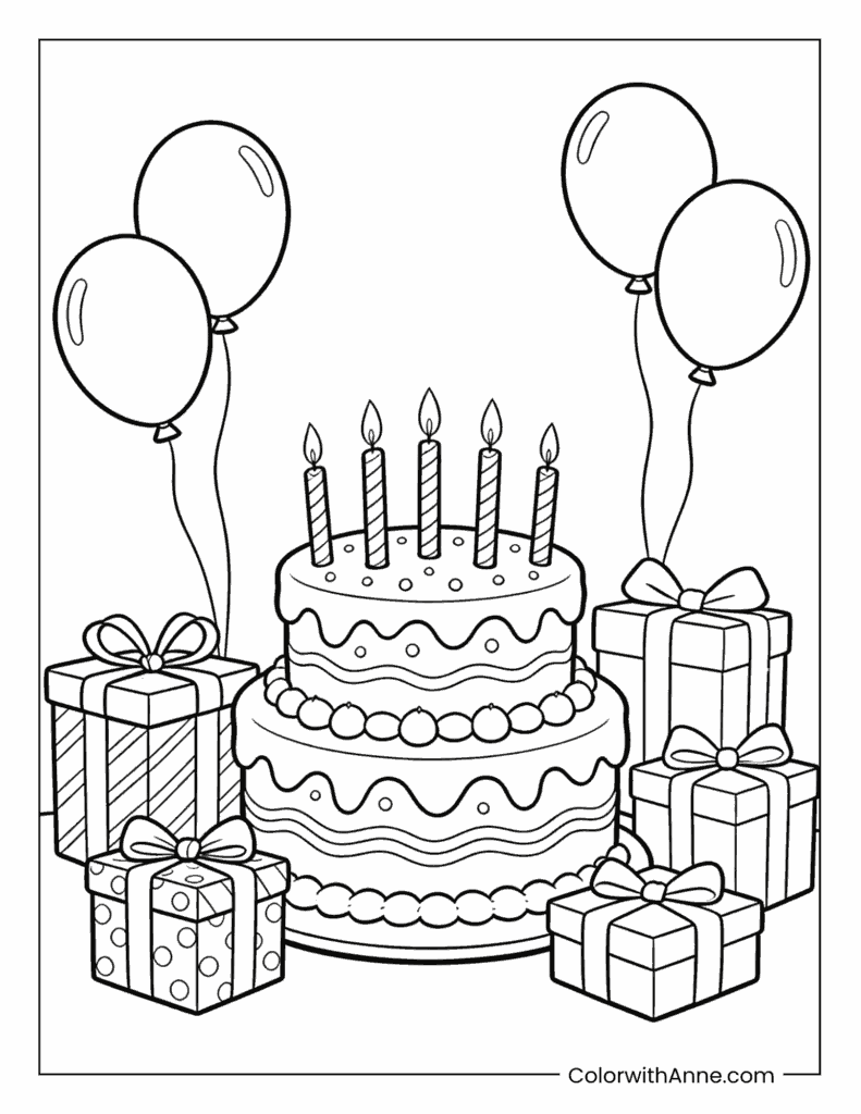 Birthday Cake with Gifts and Balloons Coloring Page
