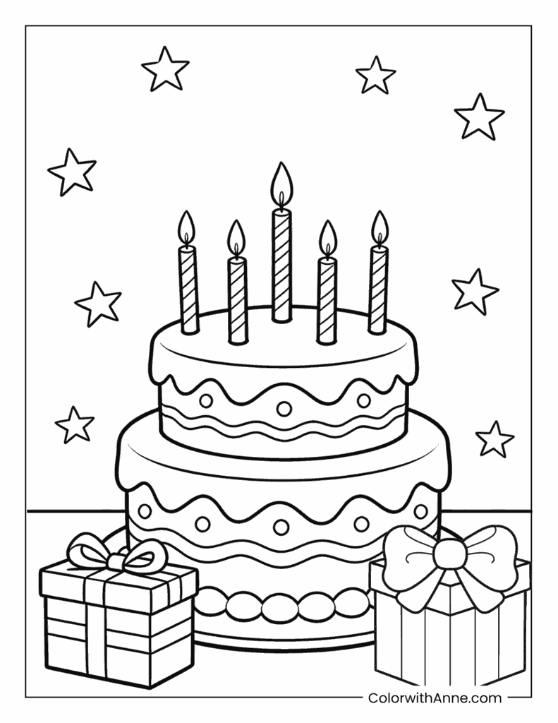 Birthday Cake with Presents and Stars Coloring Page