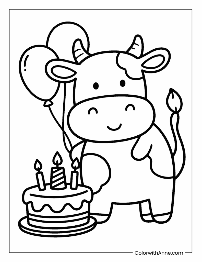 Birthday Party Cow with Balloons and Cake Coloring Page