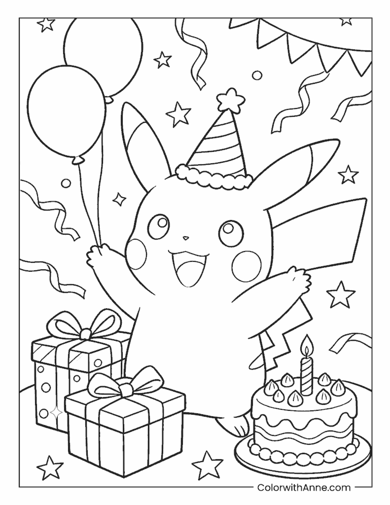 Birthday Party Pikachu with Cake and Gifts Coloring Page