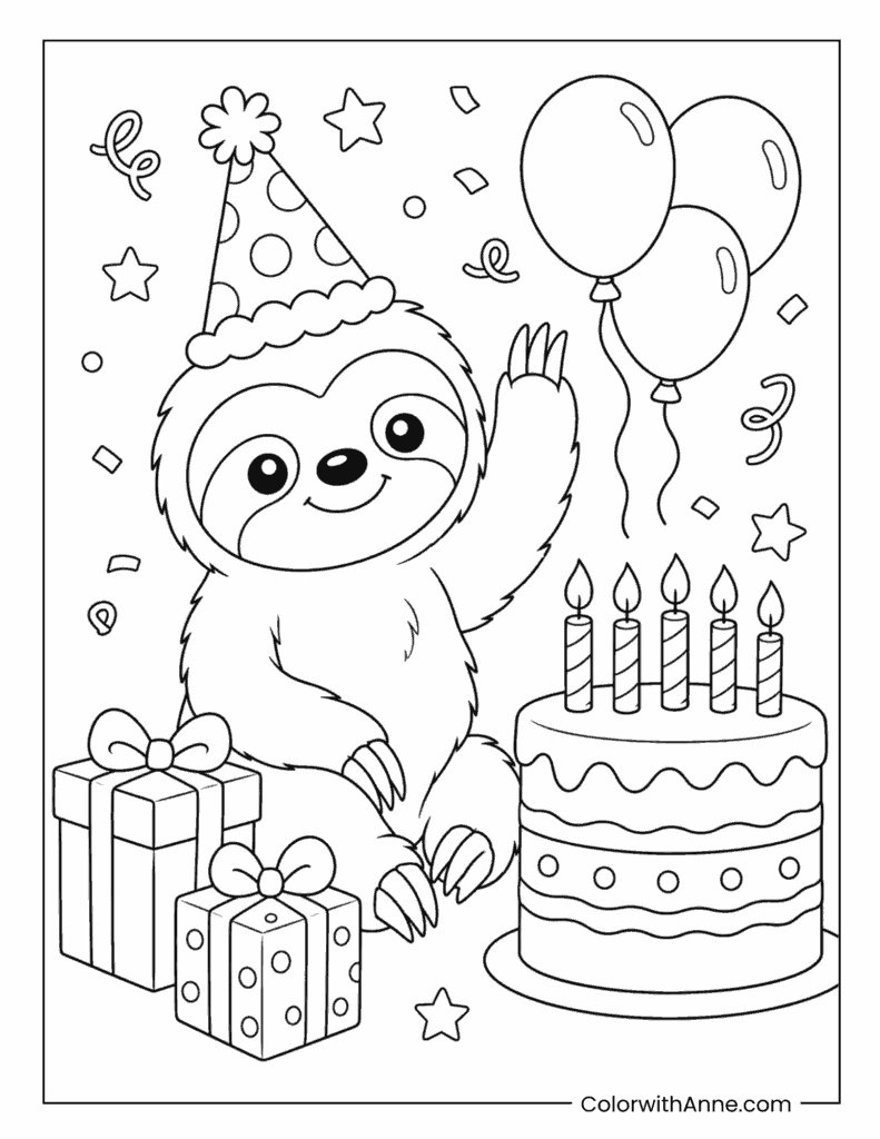 Birthday Sloth with Cake, Balloons, and Gifts Coloring Page