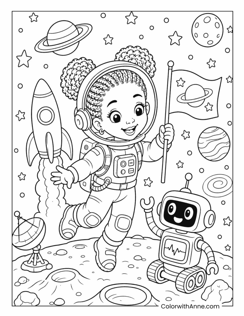 Black Girl Astronaut Exploring Space with a Robot Coloring Page