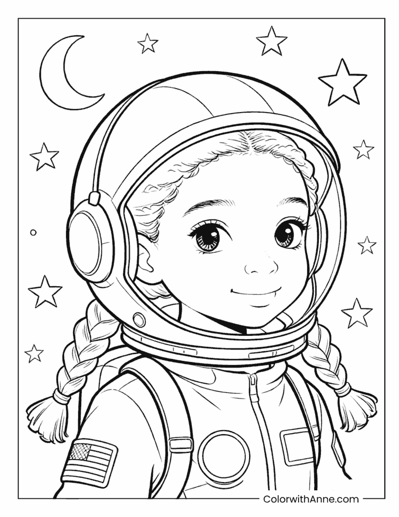 Black Girl Astronaut in Space Coloring Page