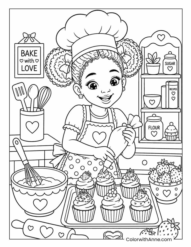 Black Girl Baker Decorating Strawberry Cupcakes Coloring Page