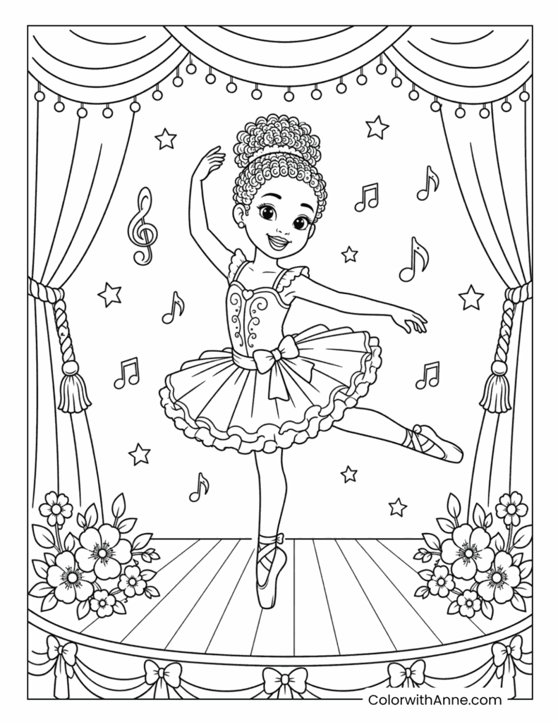 Black Girl Ballerina Dancing on Stage Coloring Page