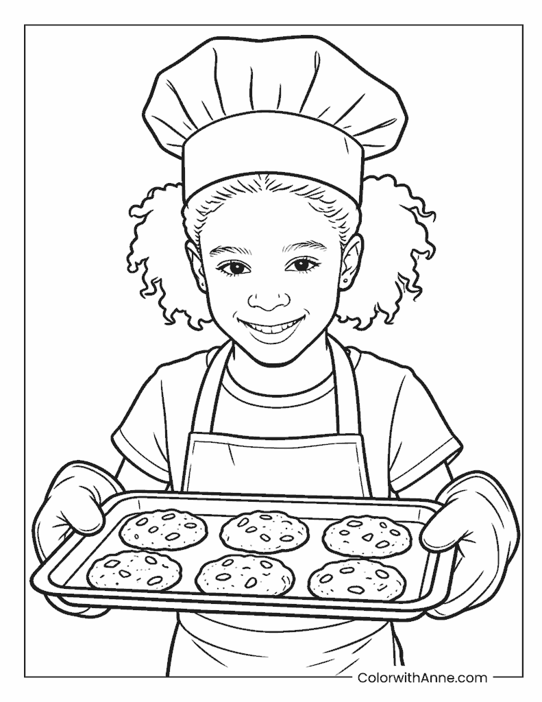 Black Girl Chef Holding a Tray of Cookies Coloring Page