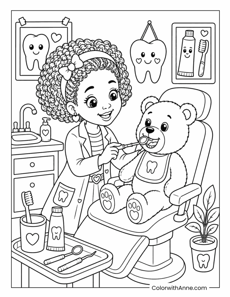 Black Girl Dentist Checking a Teddy Bear’s Teeth Coloring Page