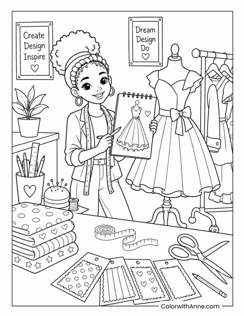 Black Girl Fashion Designer Sketching a Dress Coloring Page