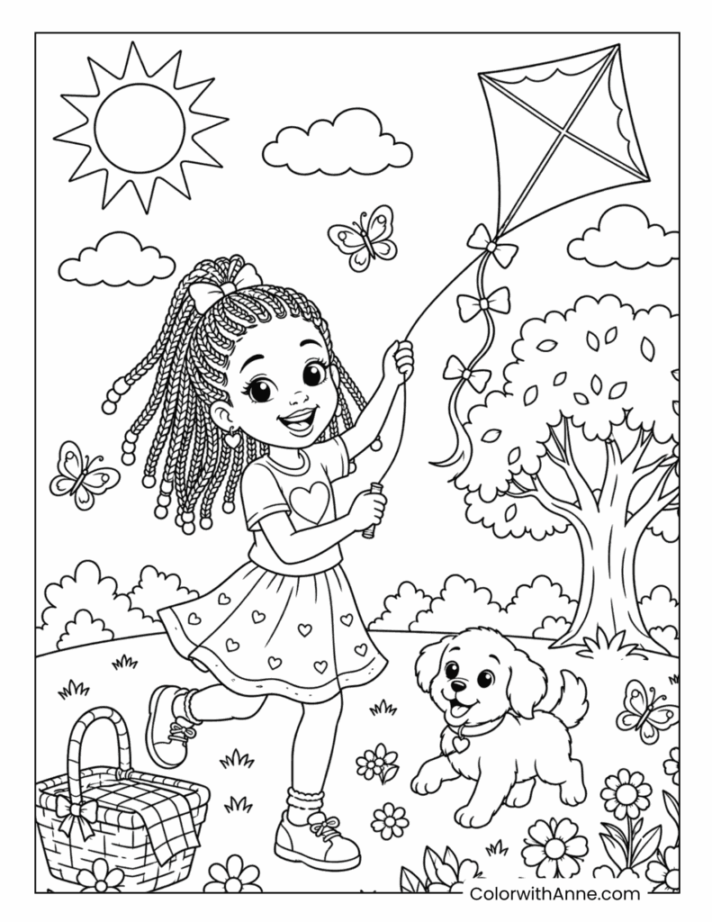 Black Girl Flying a Kite with Her Puppy Coloring Page